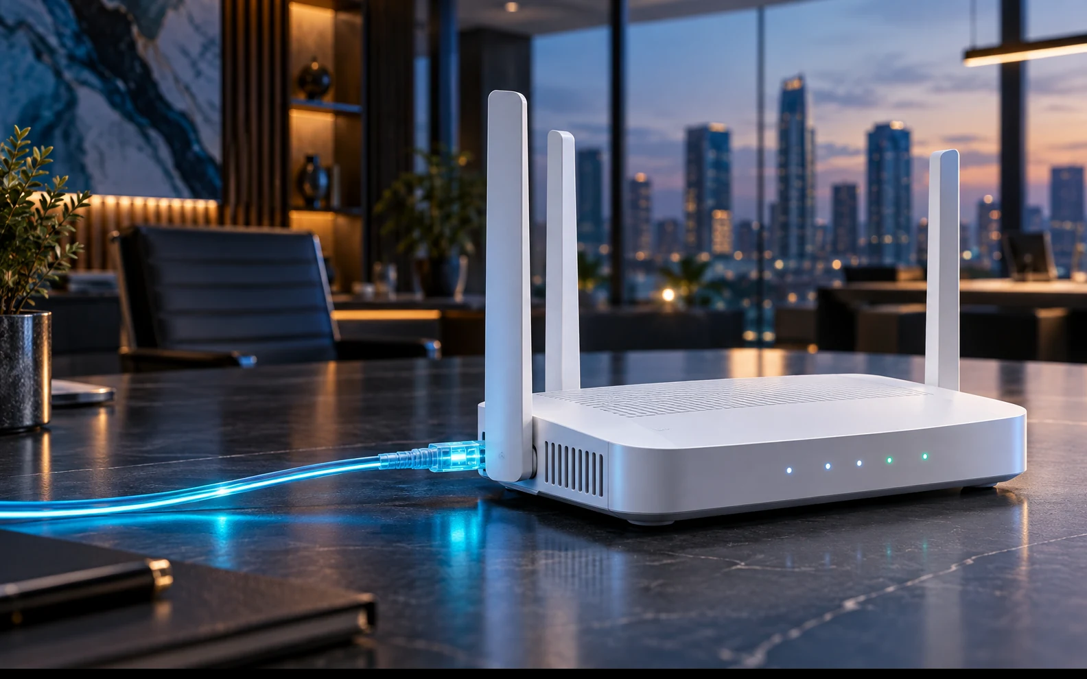 Router WiFi modern terhubung kabel fiber optik untuk internet rumah dan bisnis